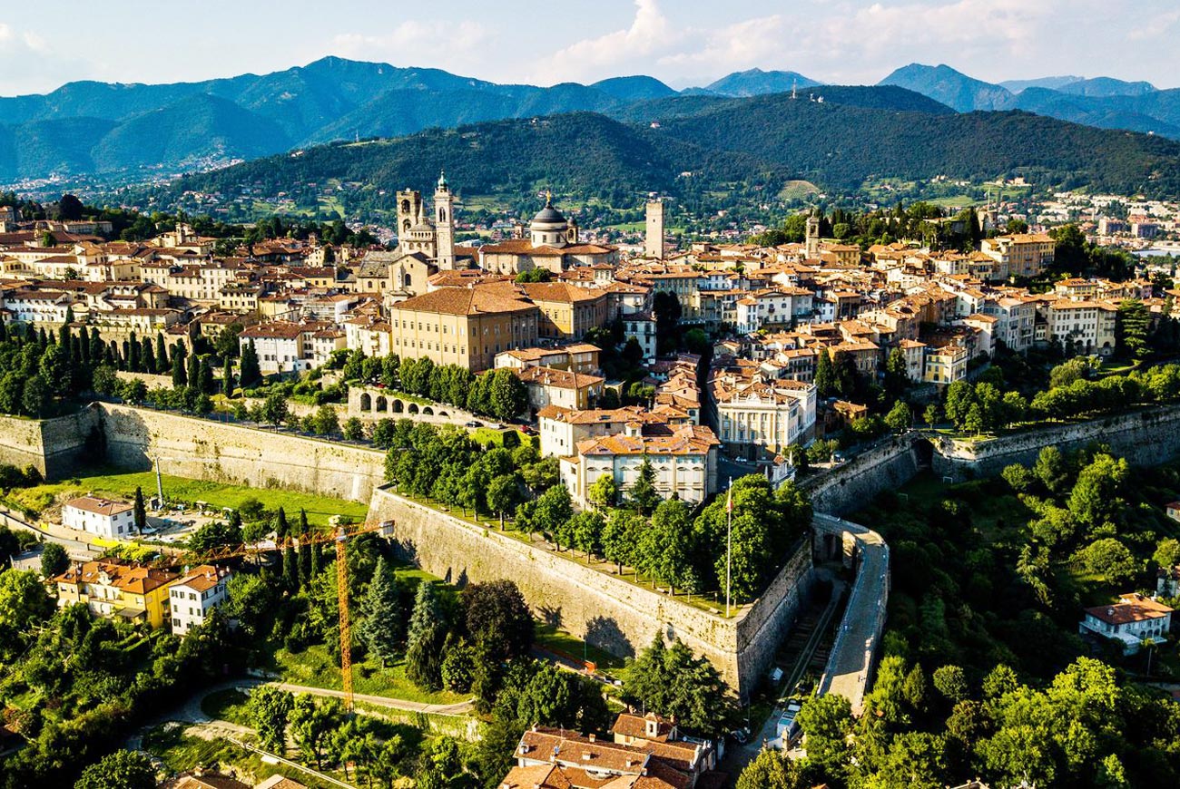 Aerial view of Bergamo’s Città Alta (Upper Town).